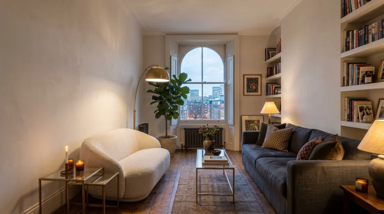 Narrow living room at twilight with built-in bookshelves, a brass arc floor lamp, a fiddle-leaf fig by a tall arched window overlooking the city, and a sofa with patterned cushions