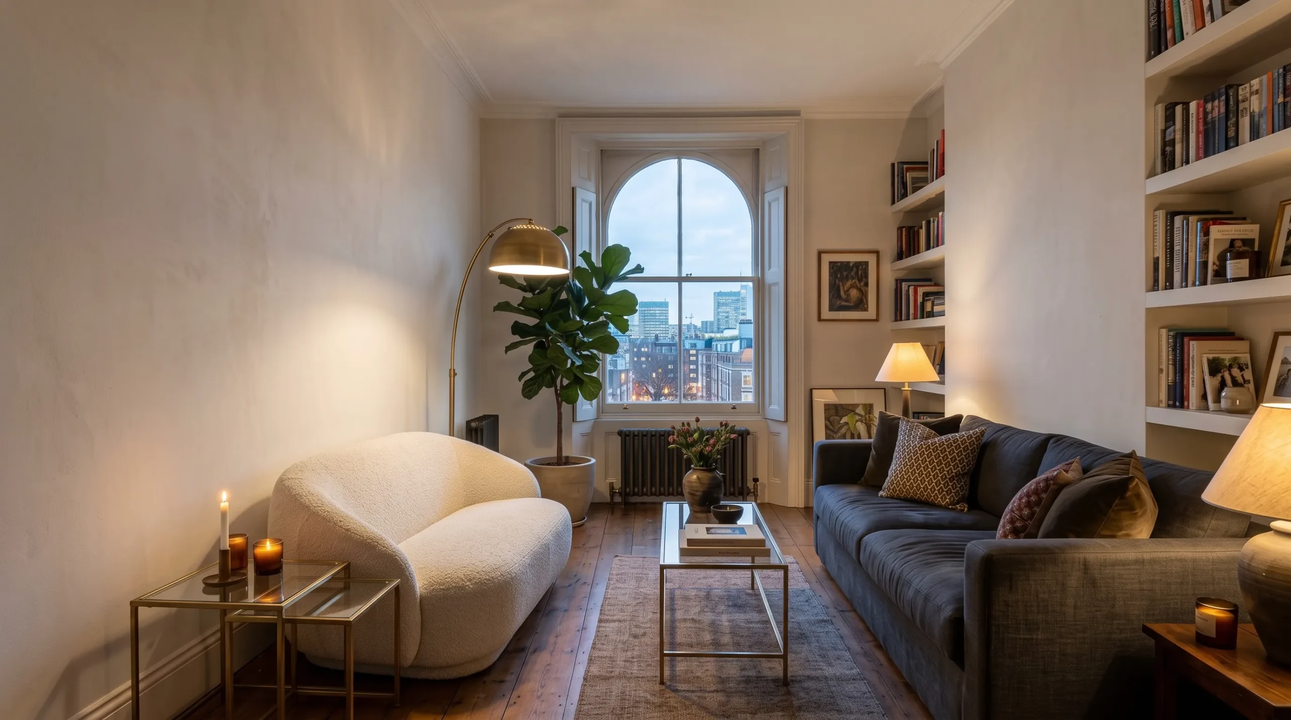 Narrow living room at twilight with built-in bookshelves, a brass arc floor lamp, a fiddle-leaf fig by a tall arched window overlooking the city, and a sofa with patterned cushions