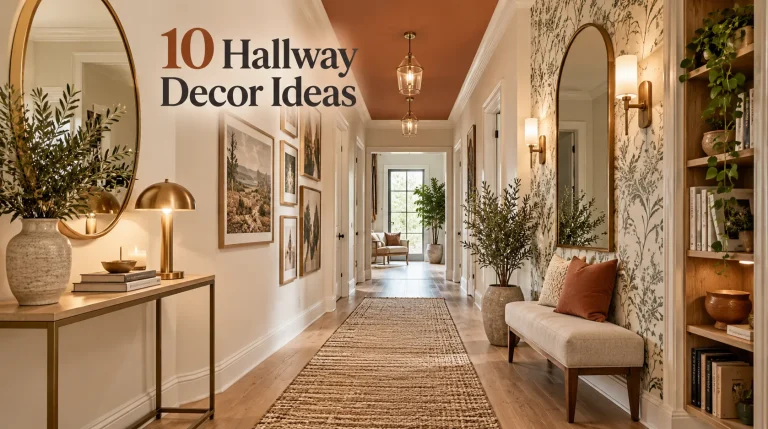 Warm hallway with a terracotta ceiling, arched mirrors, botanical wallpaper, framed landscape prints, brass lamps, pendant lanterns and potted plants