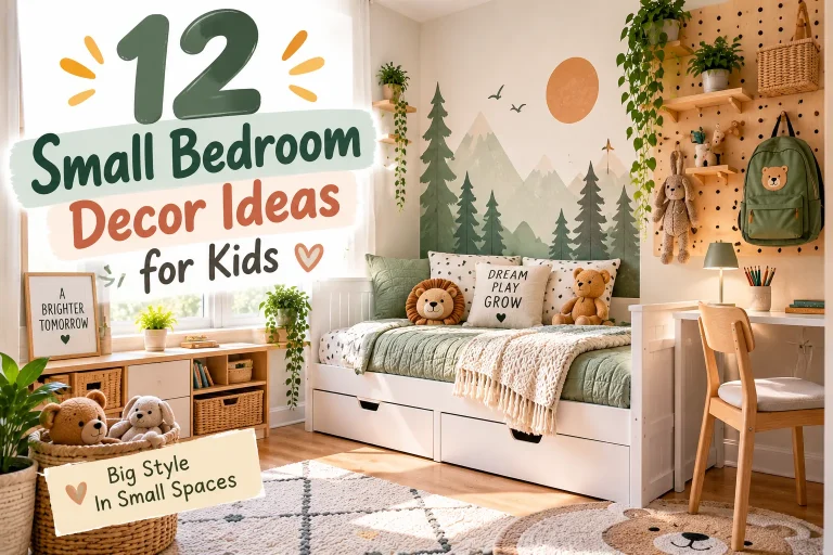 Small kids bedroom with a forest and mountain wall mural, pegboard shelves with plants and a wicker basket, a green bear backpack, cushions and soft toys on the bed