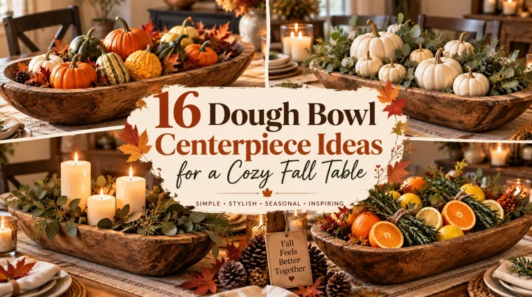 Collage of dough bowl centrepiece ideas with a wooden bowl of orange pumpkins and gourds, a bowl of white pumpkins with eucalyptus, and lit candles on a fall table