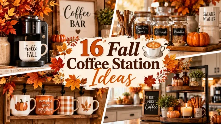 Collage of fall coffee station ideas with a coffee maker and hello fall mug, labelled pumpkin spice, caramel and vanilla jars, autumn mugs and small pumpkins