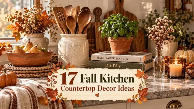 17 fall kitchen countertop decor ideas featuring pumpkins, wooden utensils, cookbooks, plants, candles, and warm autumn accents