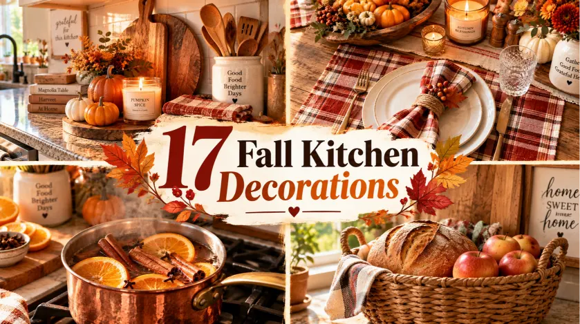 17 fall kitchen decorations featuring pumpkins, plaid table settings, candles, cinnamon, oranges, and cozy autumn accents