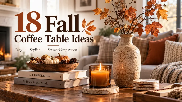 Fall coffee table styling with a speckled stone vase of orange maple leaves, a wooden bowl of mini pumpkins and pinecones, and a lit candle in front of a sofa