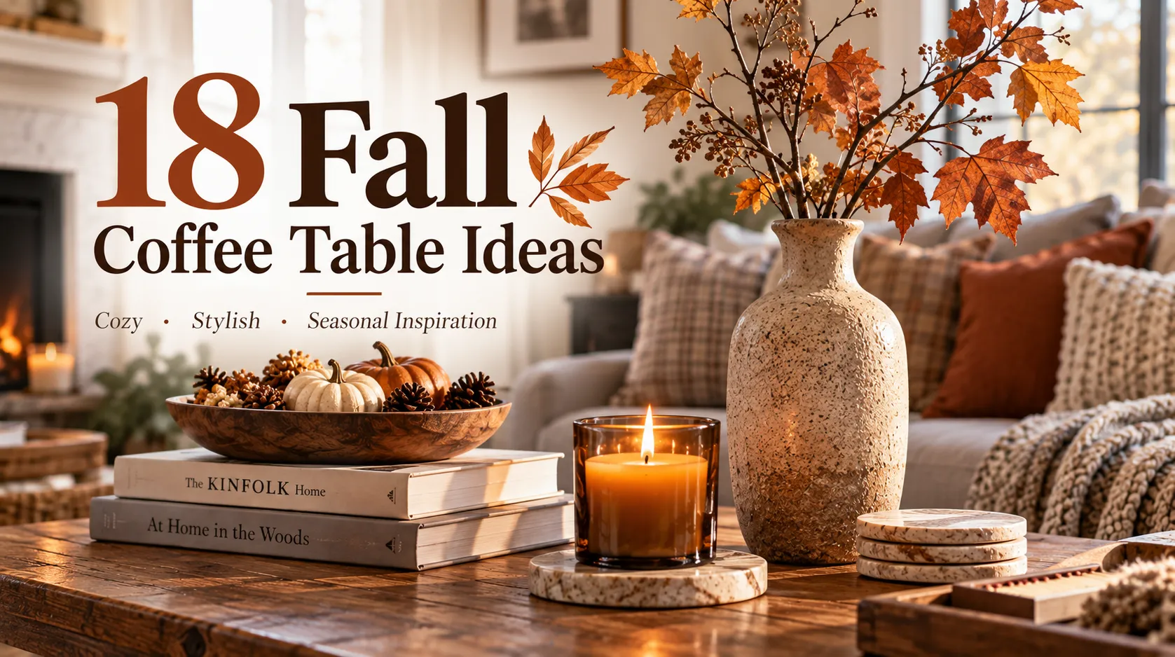 Fall coffee table styling with a speckled stone vase of orange maple leaves, a wooden bowl of mini pumpkins and pinecones, and a lit candle in front of a sofa