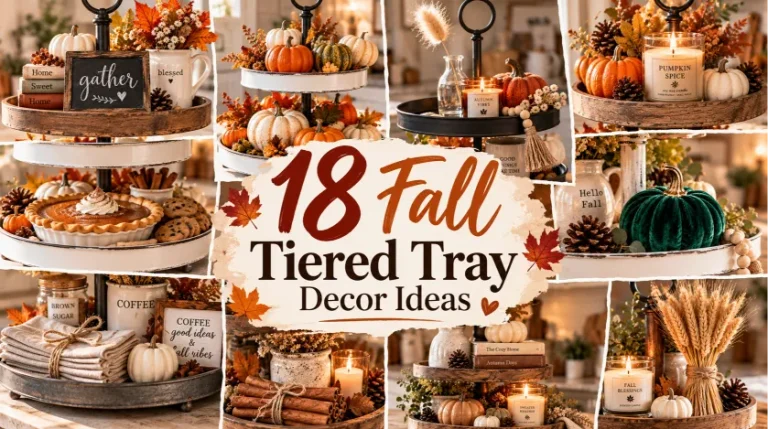 18 fall tiered tray decor ideas with pumpkins, candles, dried flowers, and cozy autumn accents