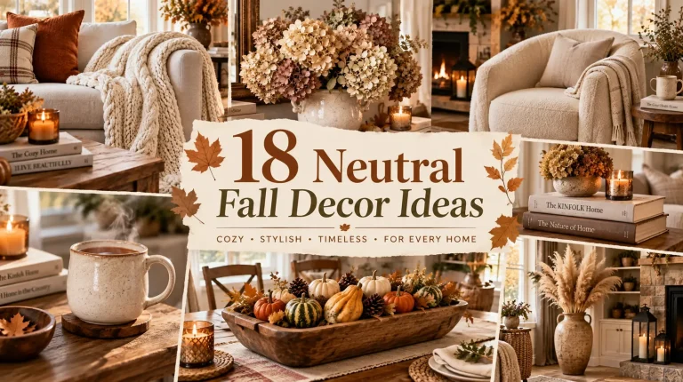 Collage of neutral fall decor ideas with a beige sofa and rust cushion, cream knit throw, dried hydrangeas in a vase, a boucle armchair by a fireplace, candles and stacked books