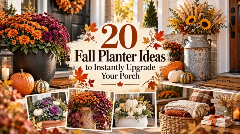 Collage of fall planter ideas for a porch with a large pot of orange and burgundy mums, sunflowers and dried wheat in a galvanised dairy churn, pumpkins and a lit lantern by the front door