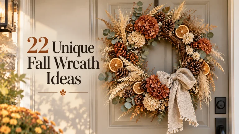 Fall wreath on a front door decorated with dried orange slices, pinecones, wheat, rust and cream hydrangeas and a burlap bow