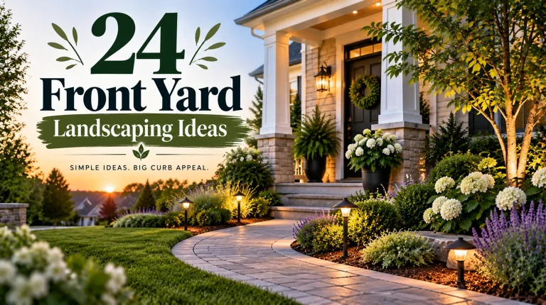 Front of a house at sunset with a stone-pillared porch, wreath on the front door, glowing lanterns, white hydrangeas in pots and landscaped garden planting