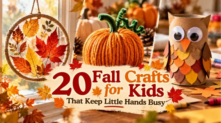 20 fall crafts for kids featuring a leaf suncatcher, yarn pumpkin, and cardboard tube owl craft