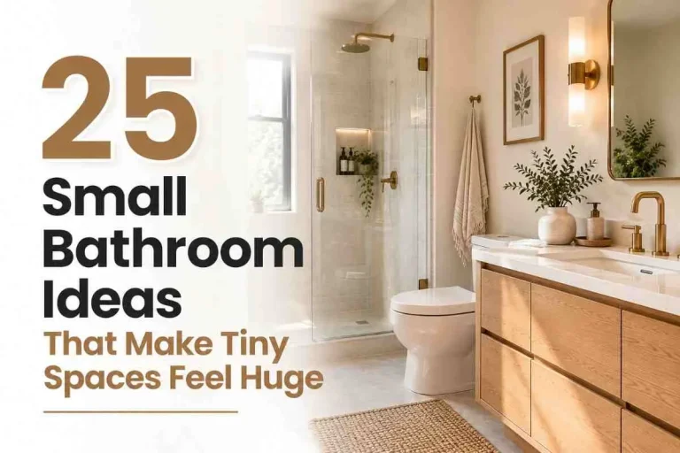 Small bathroom with a glass shower and brass fixtures, a wooden vanity with a brass tap and mirror, a framed leaf print and a leafy plant in a vase