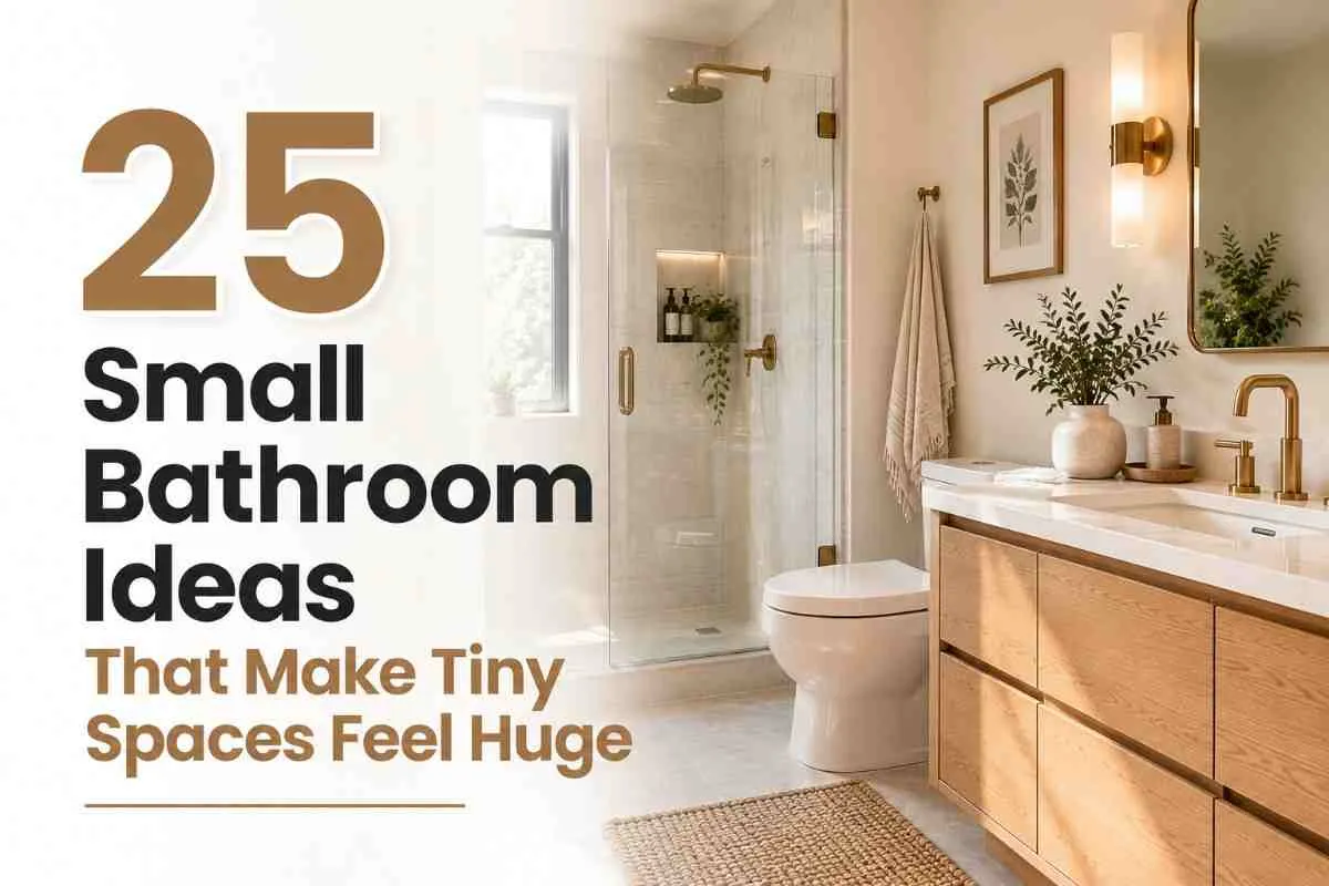 Small bathroom with a glass shower and brass fixtures, a wooden vanity with a brass tap and mirror, a framed leaf print and a leafy plant in a vase