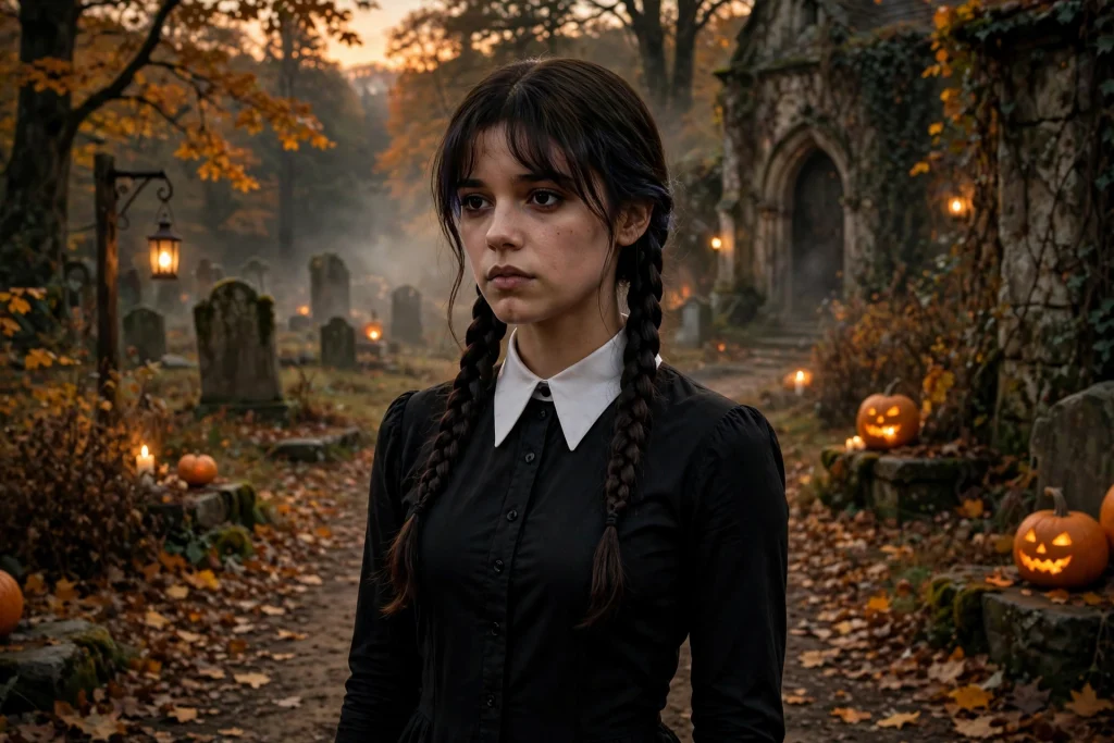 Wednesday Addams costume with black dress and braids