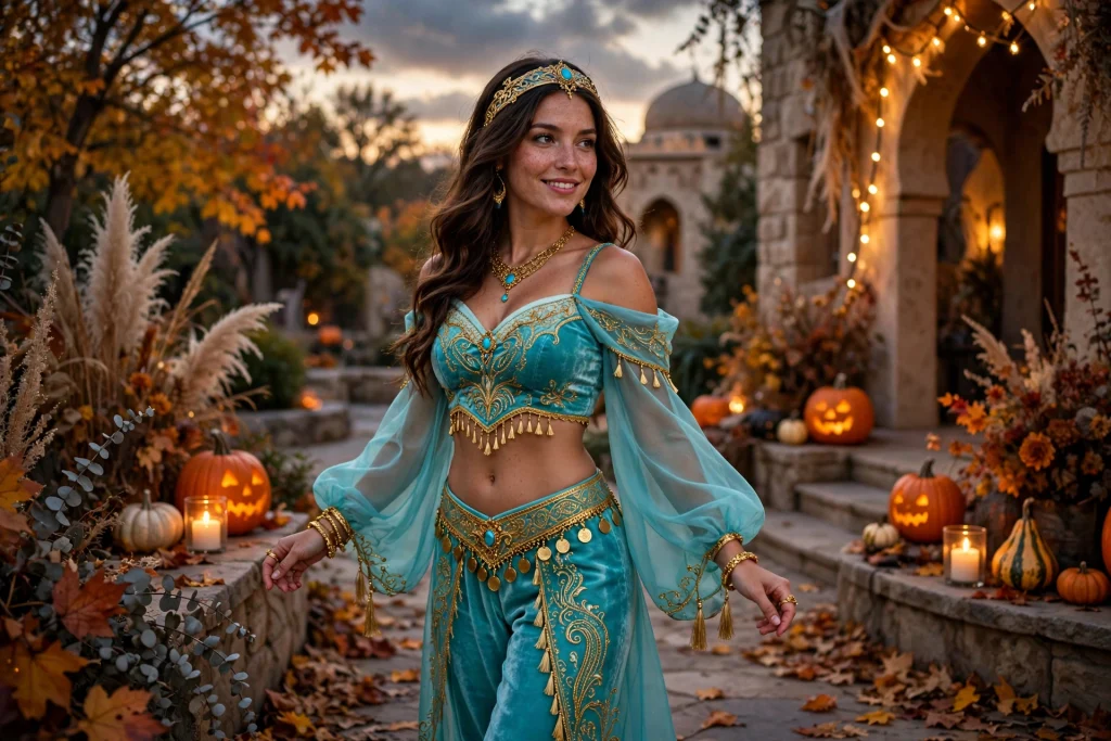 Princess Jasmine costume with turquoise outfit and gold headband