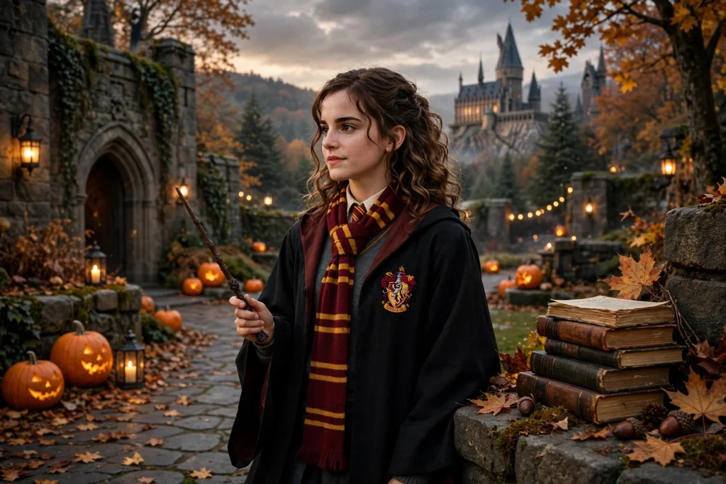 Hermione Granger costume with Hogwarts uniform and wand