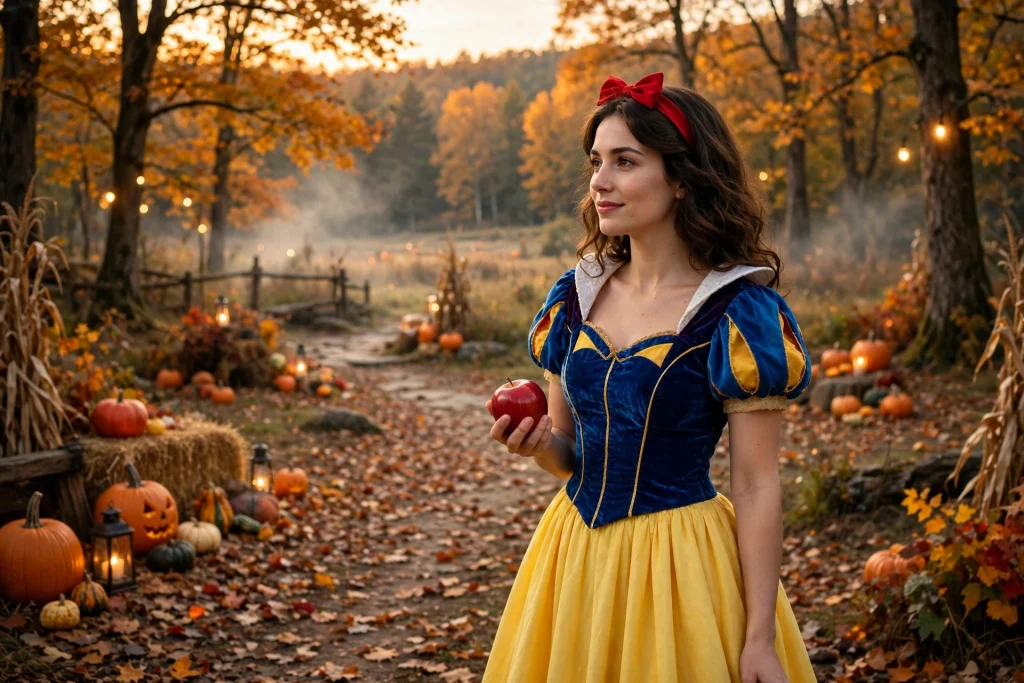 Snow White costume with blue and yellow dress holding an apple