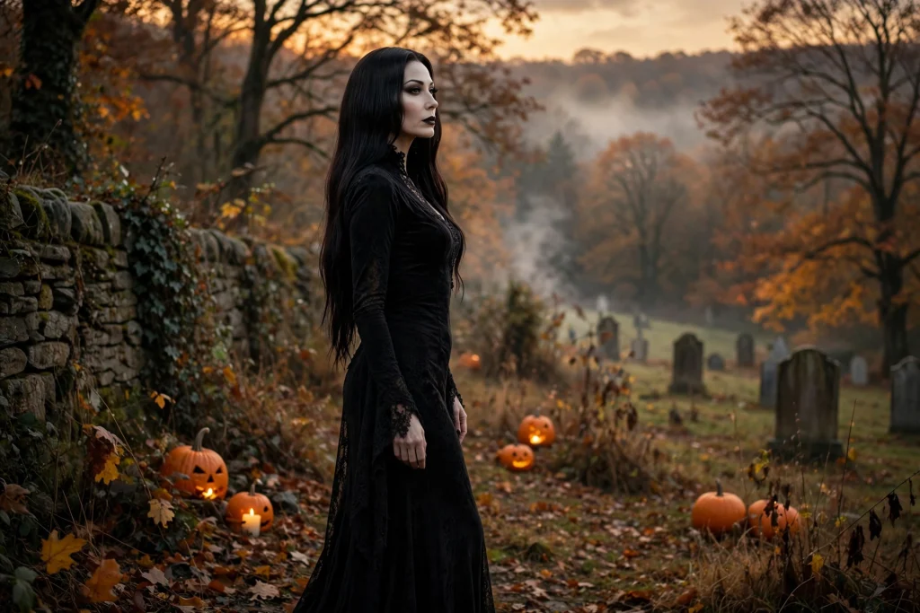 Morticia Addams costume with long black gown