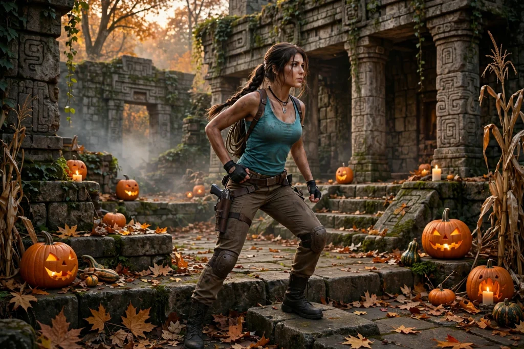 Lara Croft costume with teal tank top