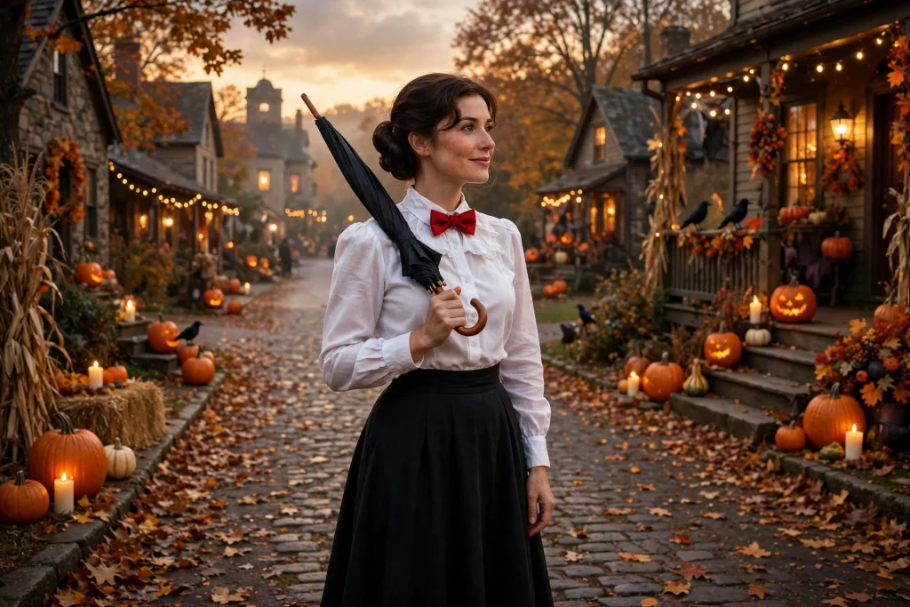 Mary Poppins costume with umbrella and red bow tie