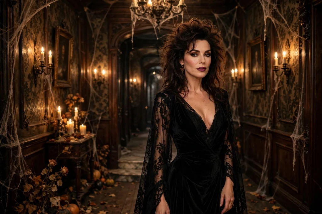 Gothic horror hostess Halloween costume in a black gown