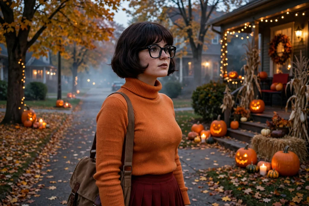 Velma Dinkley costume with orange turtleneck and glasses