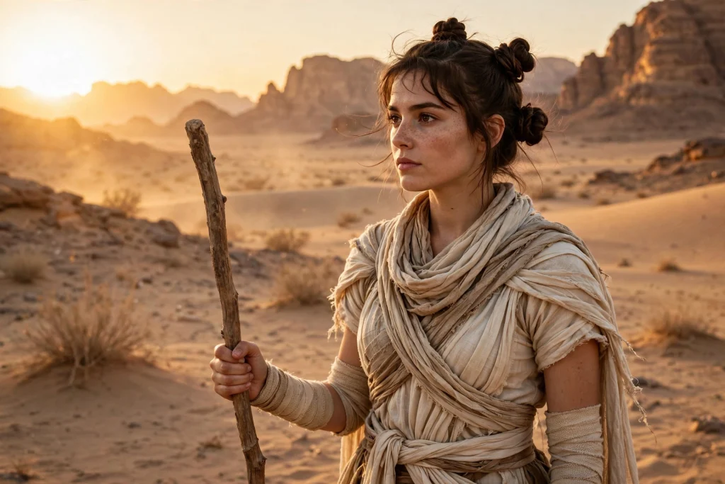 Desert scavenger heroine costume with wrapped beige robes