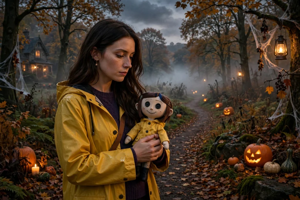 Coraline costume with yellow raincoat and button-eyed doll
