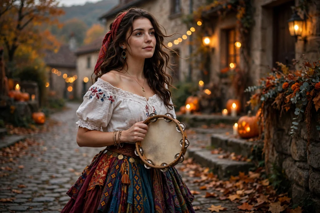 Esmeralda costume with colourful skirt and tambourine