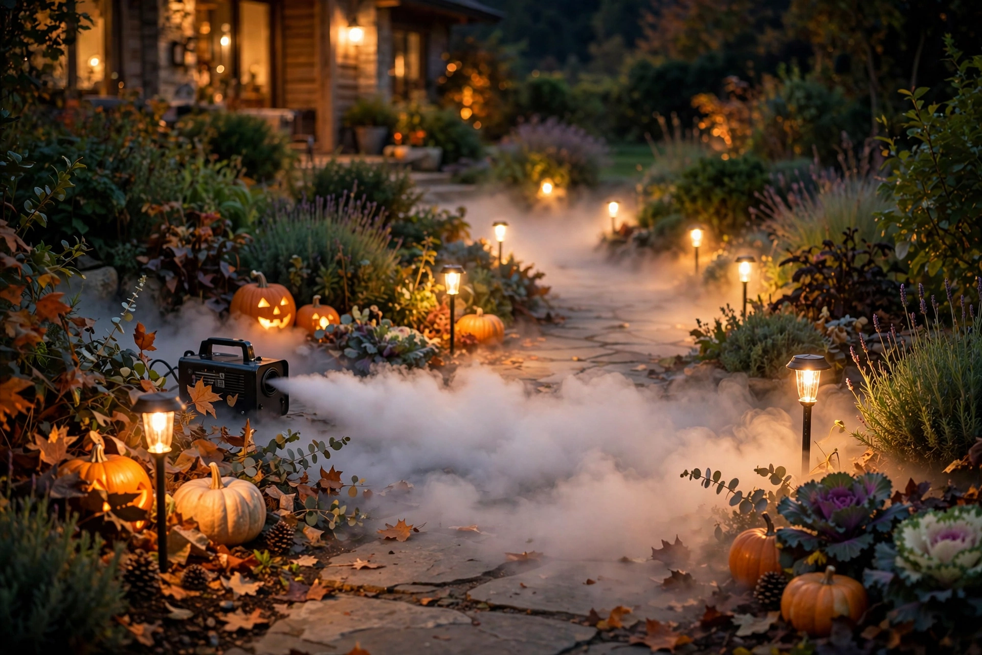 fog machine and glowing stake lights along a backyard walkway at night