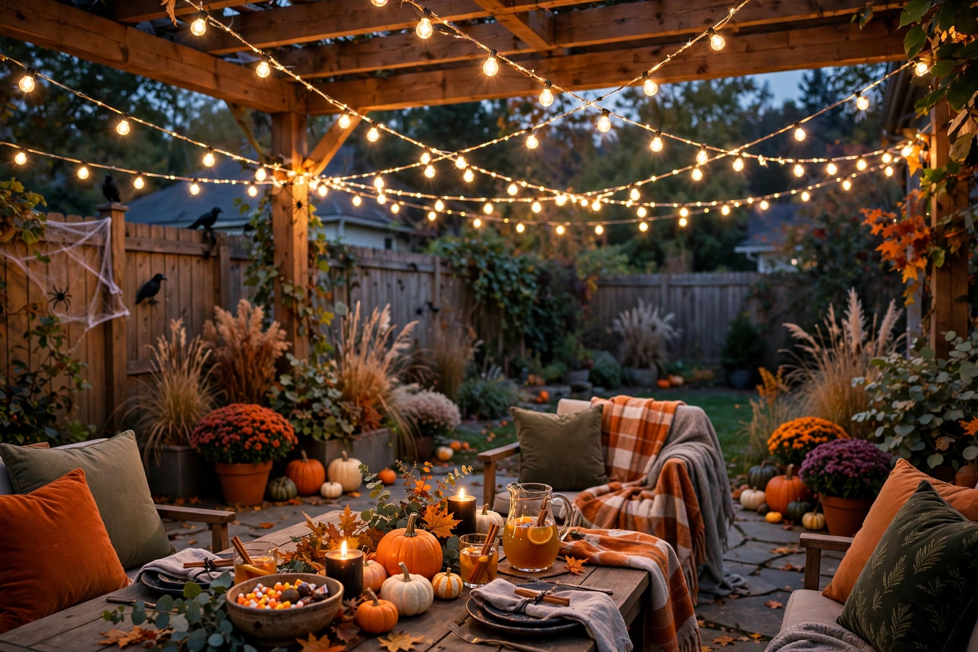 string lights crisscrossed over a backyard patio
