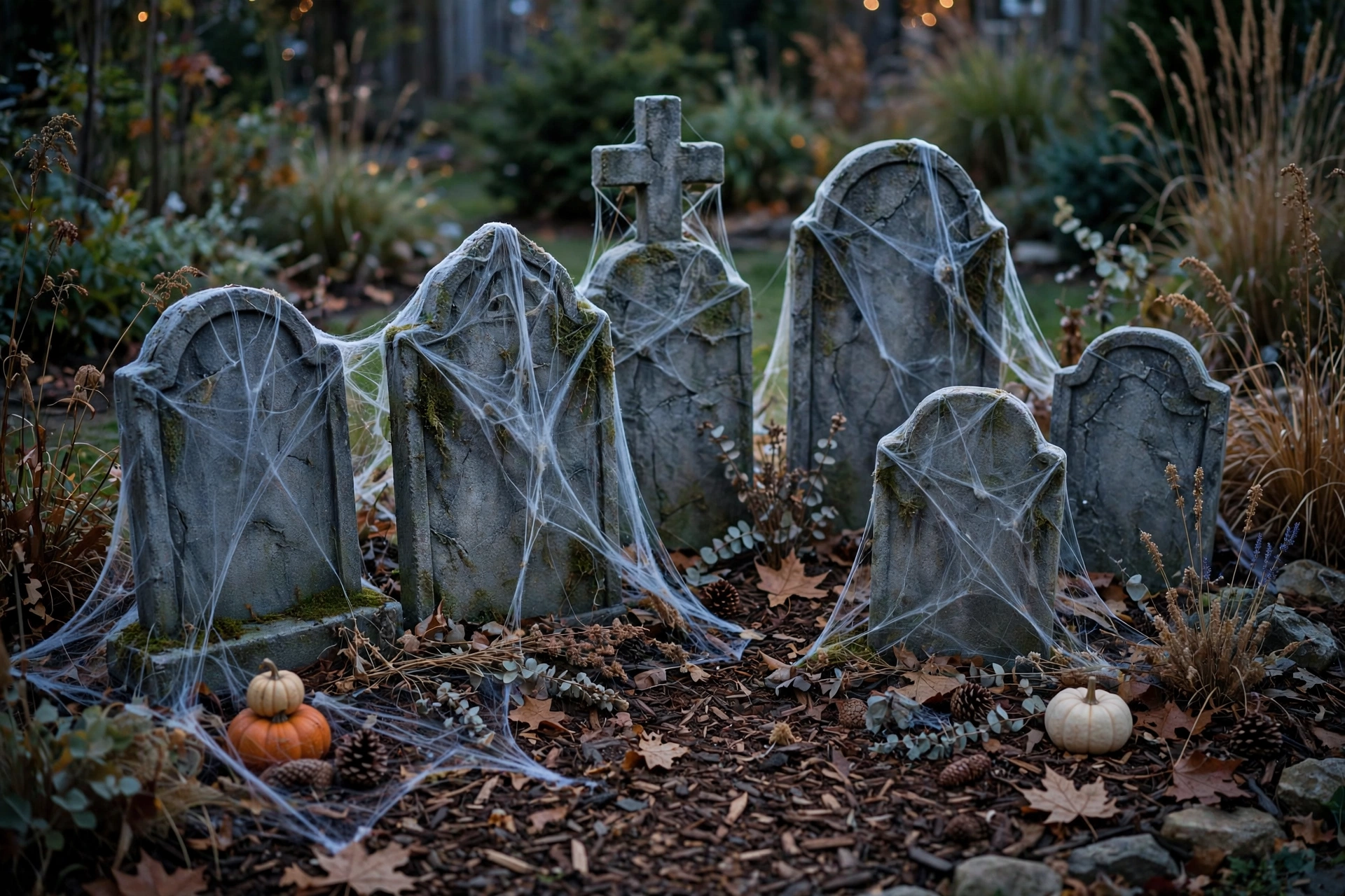 foam tombstones with fake cobwebs in a garden bed