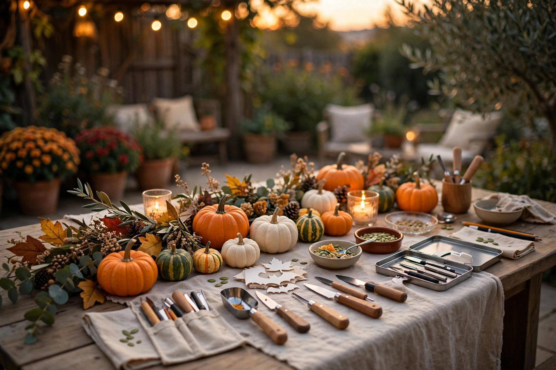 pumpkin carving station table with small pumpkins and tools