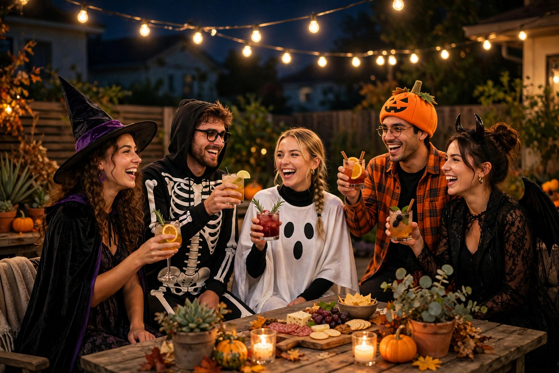 guests in Halloween costumes celebrating on a patio