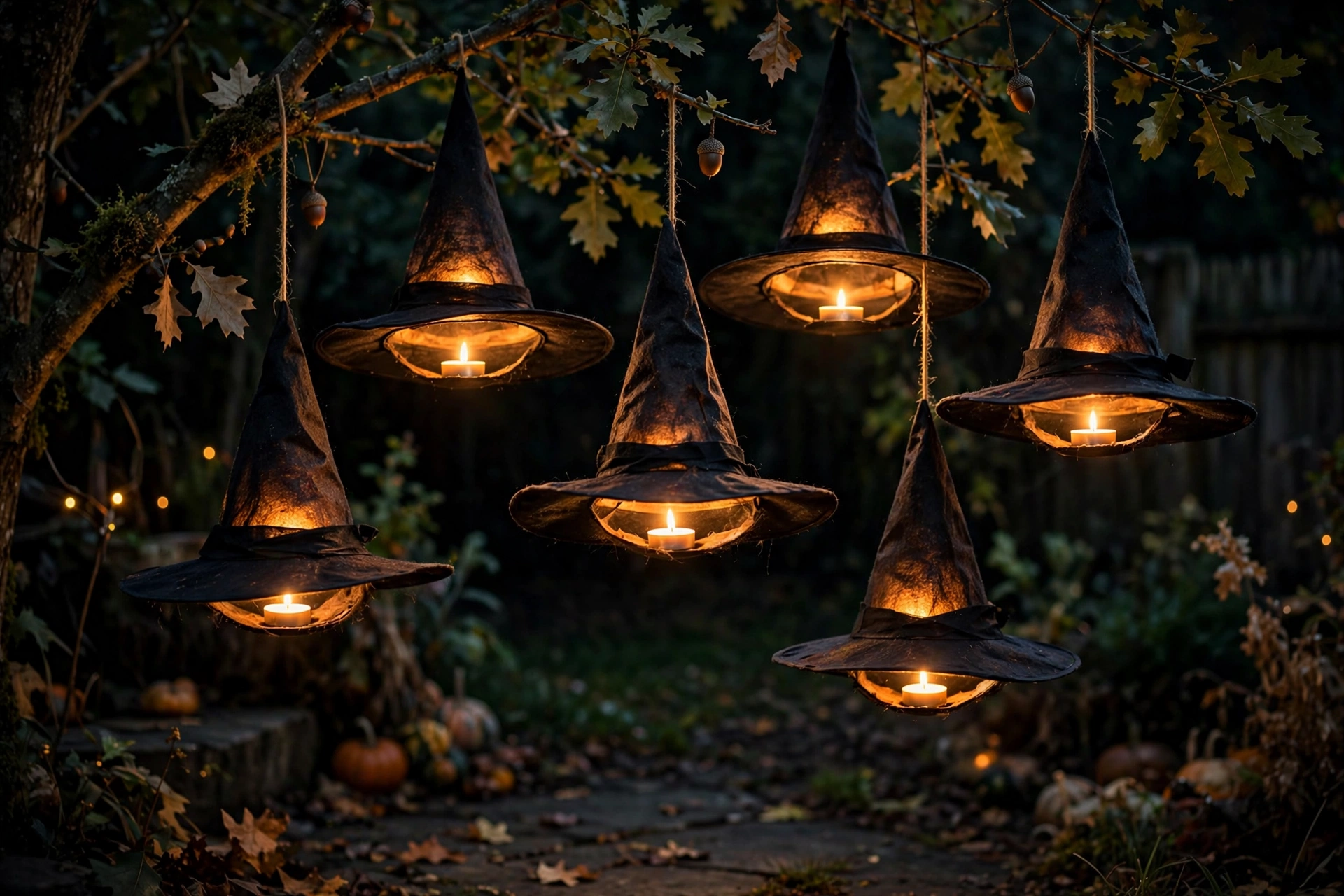 glowing witch hats hanging from tree branches at night