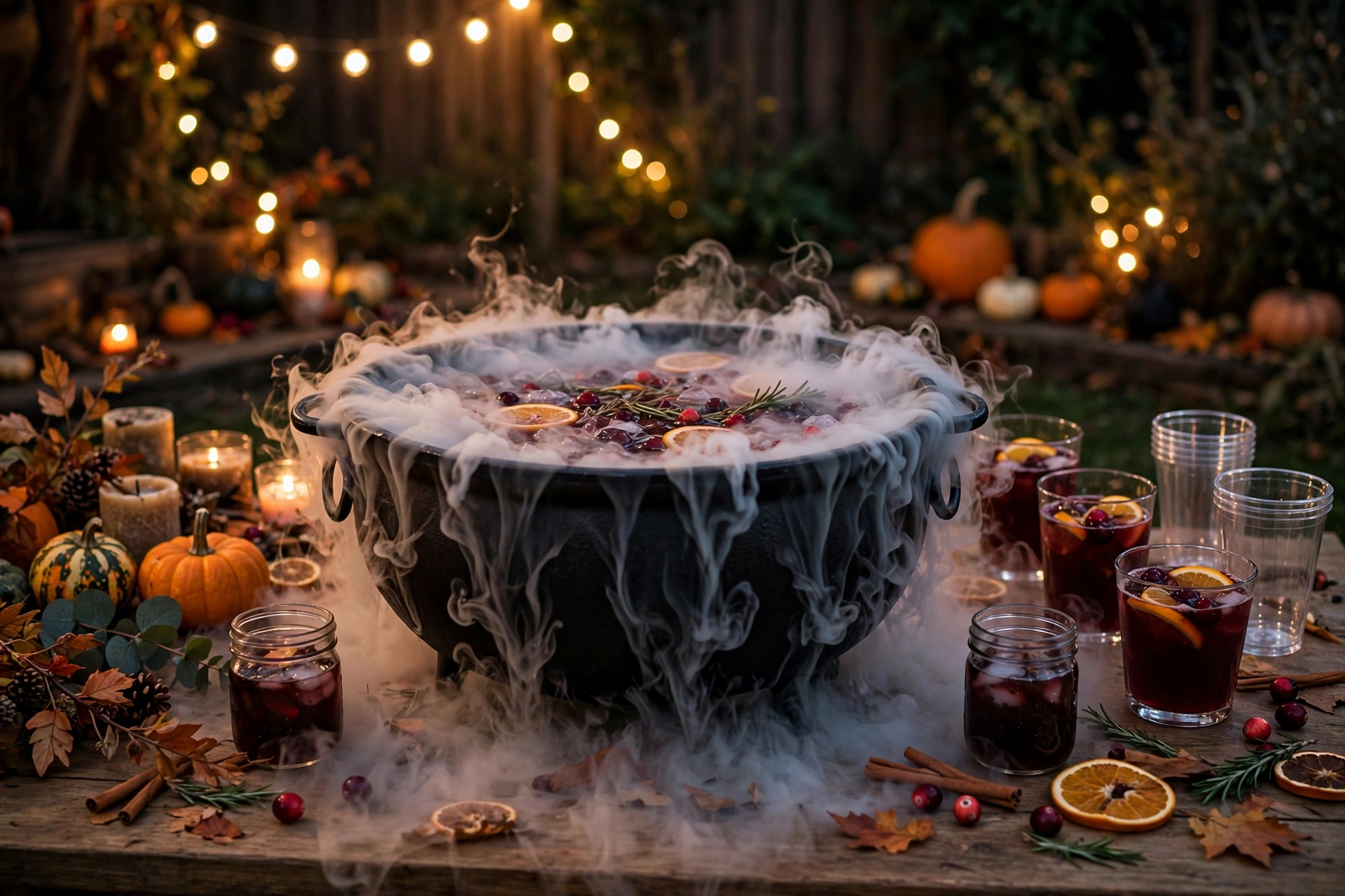 black cauldron punch bowl with dry ice fog