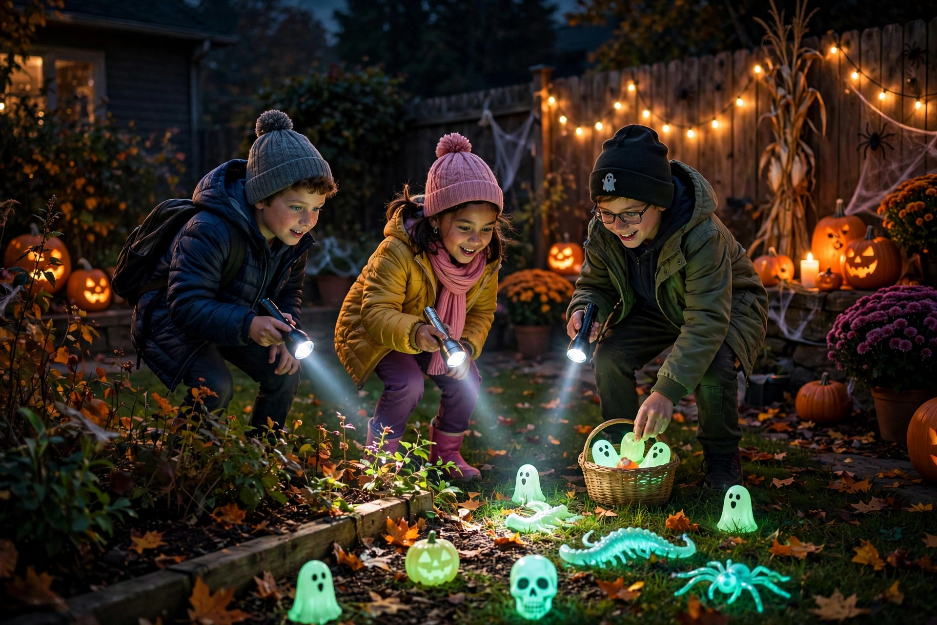 kids with flashlights hunting glowing treats in a dark yard