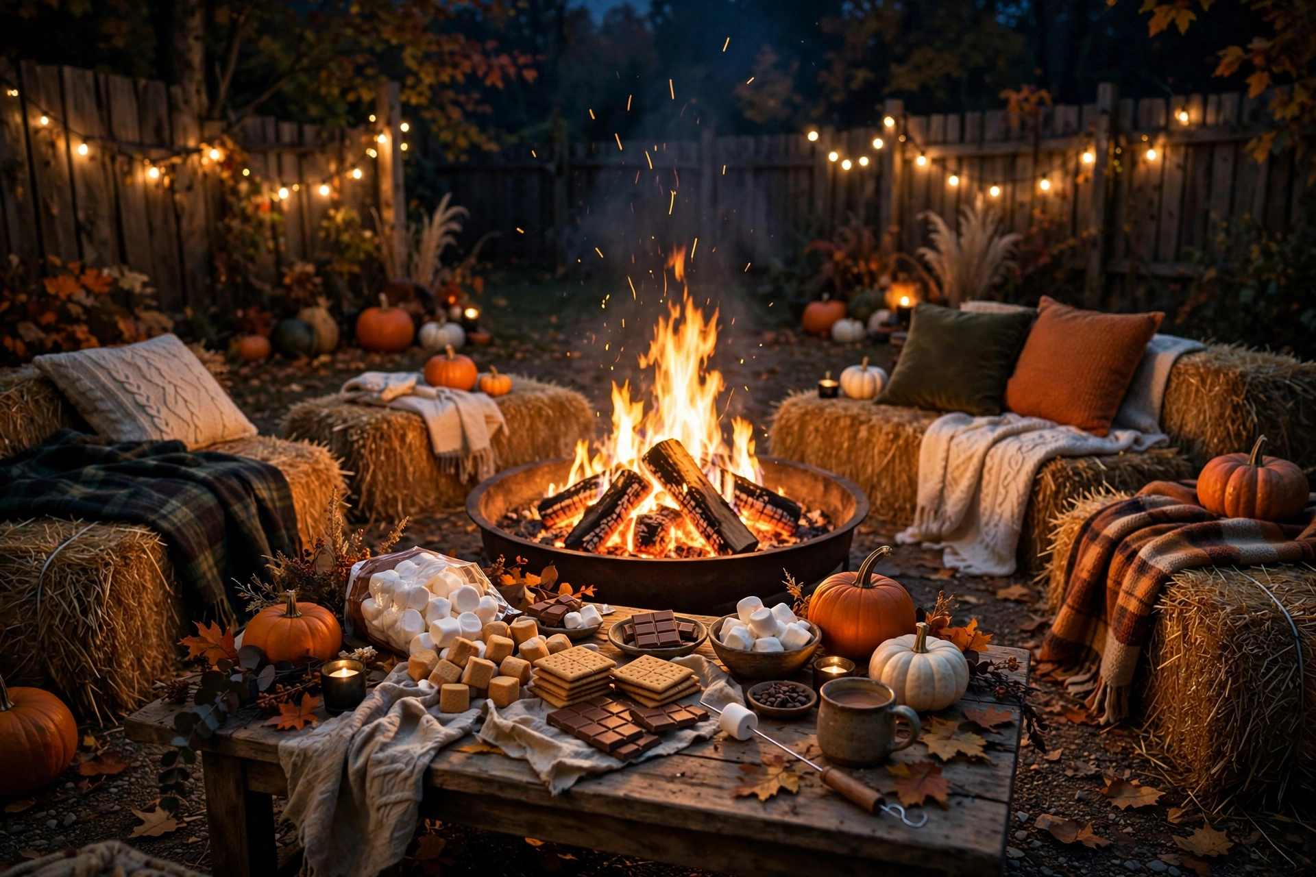 bonfire fire pit with smores bar and hay bales