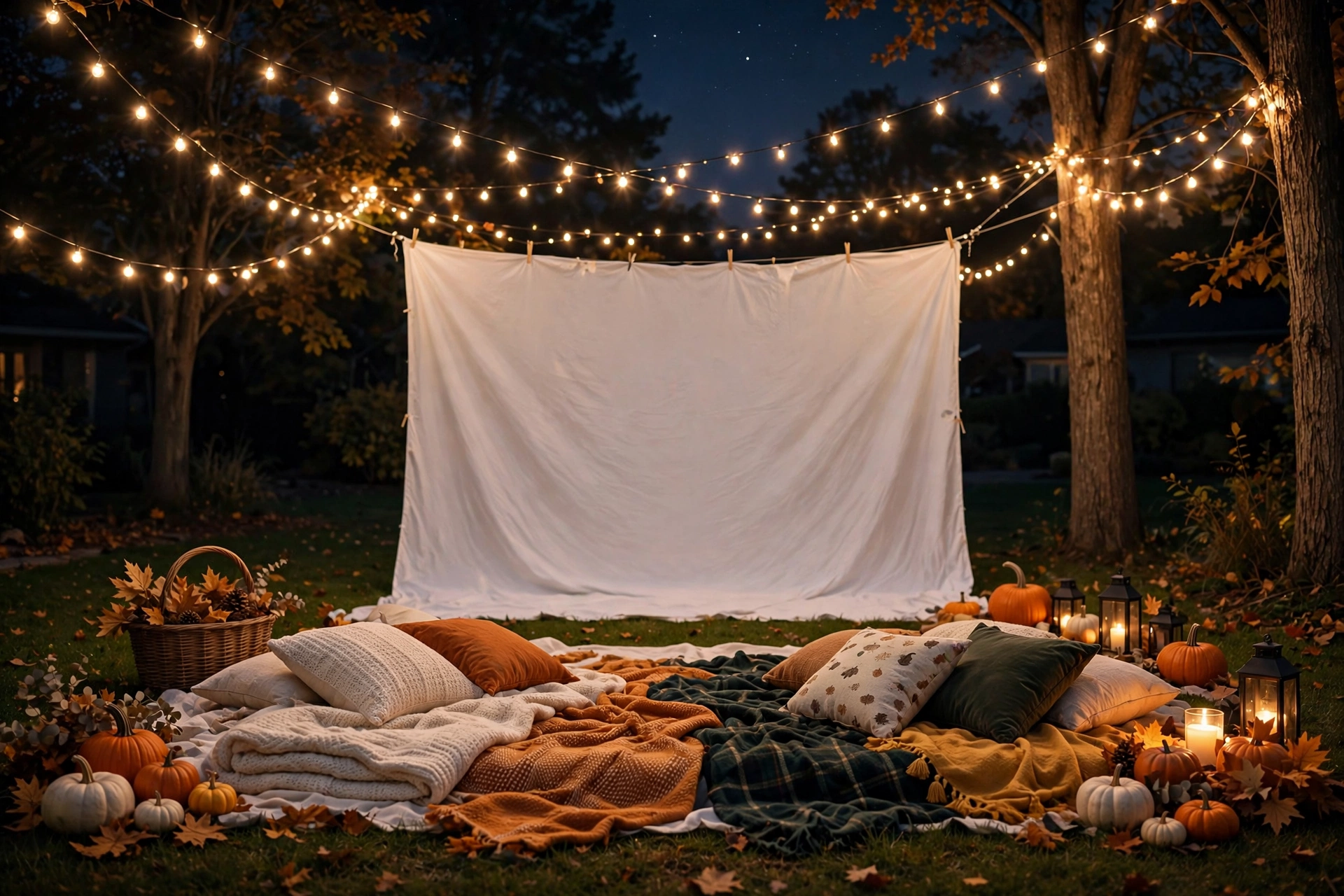 outdoor movie night with sheet screen on a lawn