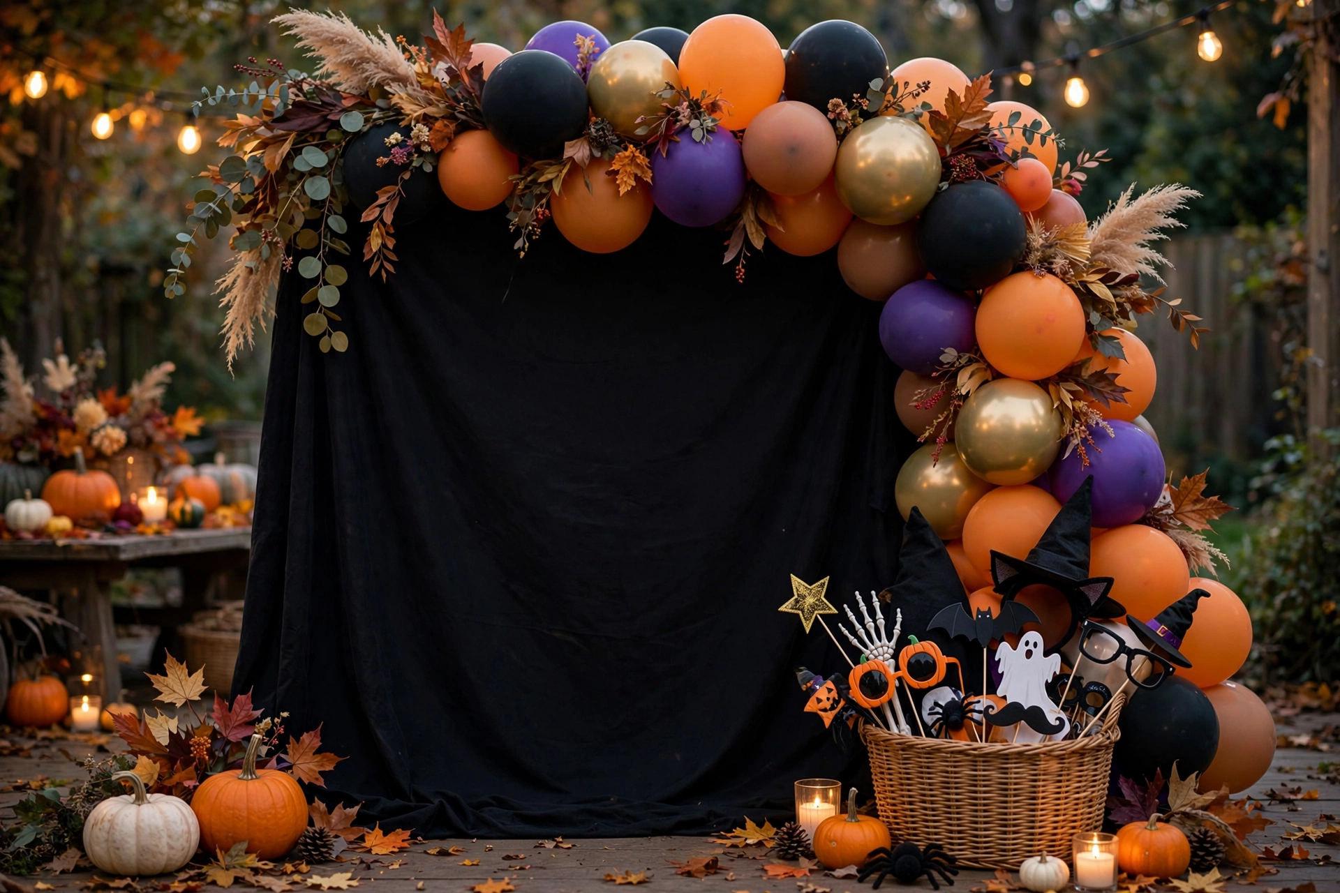 Halloween photo booth with black backdrop and balloon arch