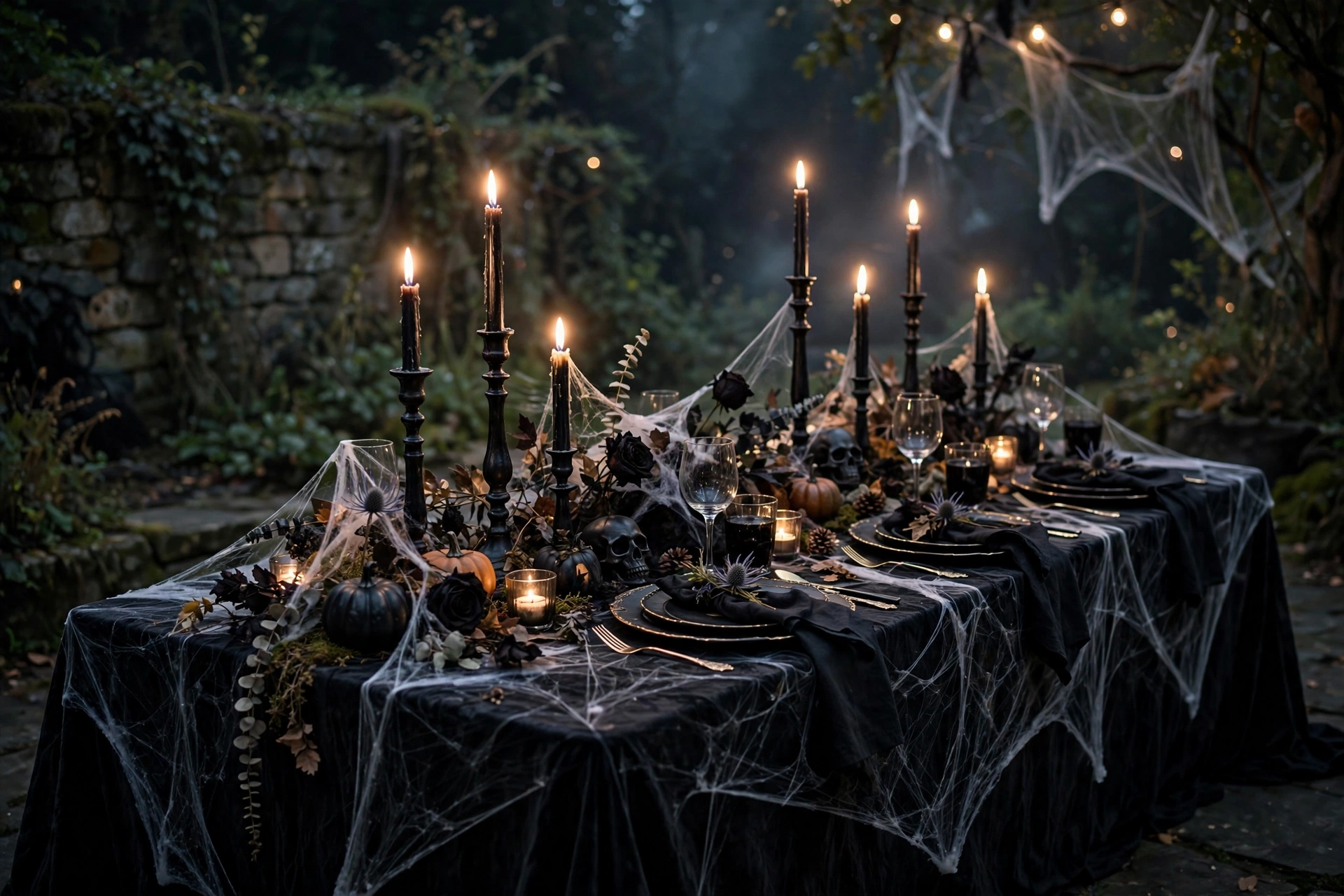 spooky outdoor dining tablescape with cobwebs and candlesticks