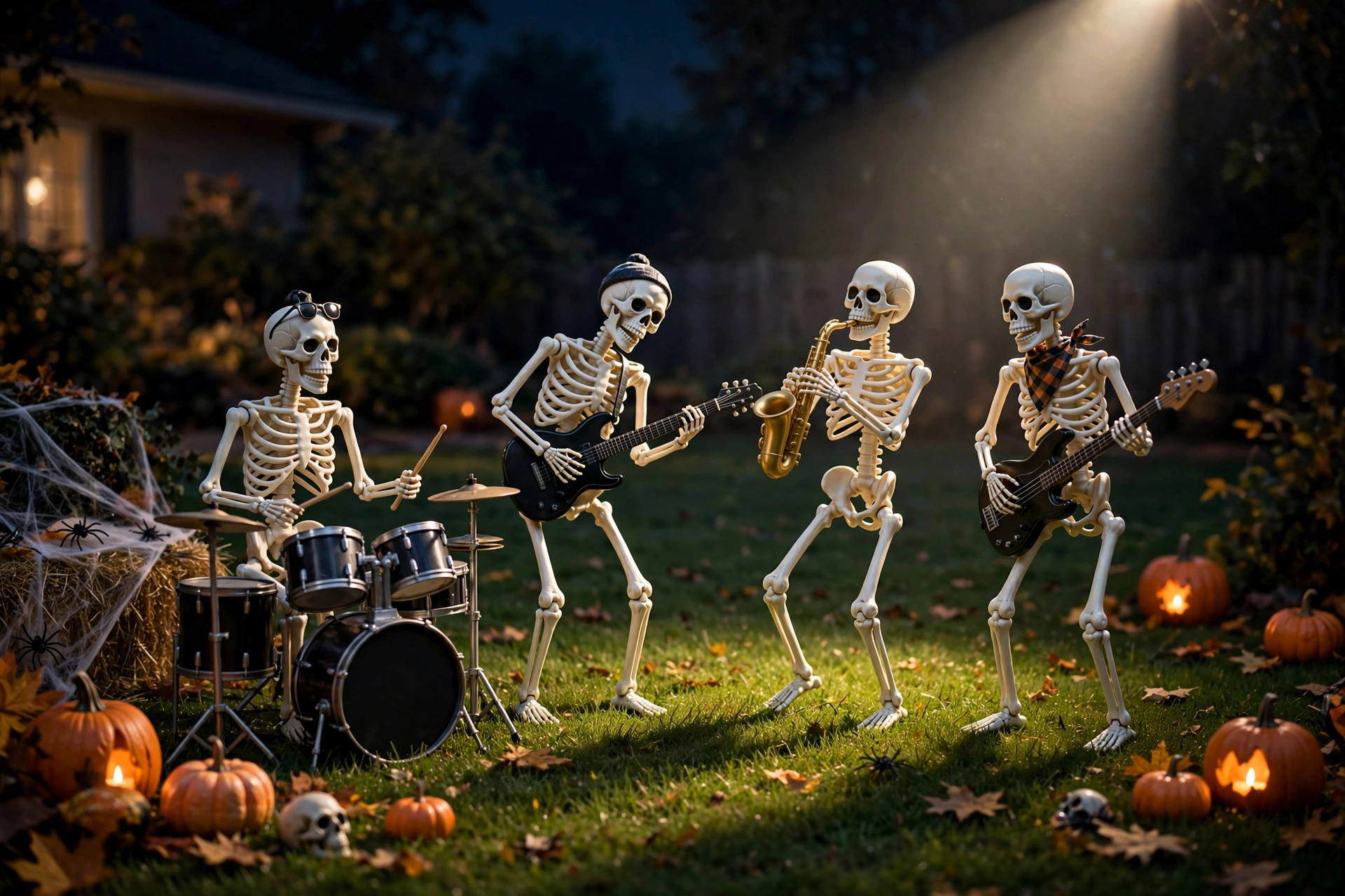 skeleton band posed on a lawn with spotlight