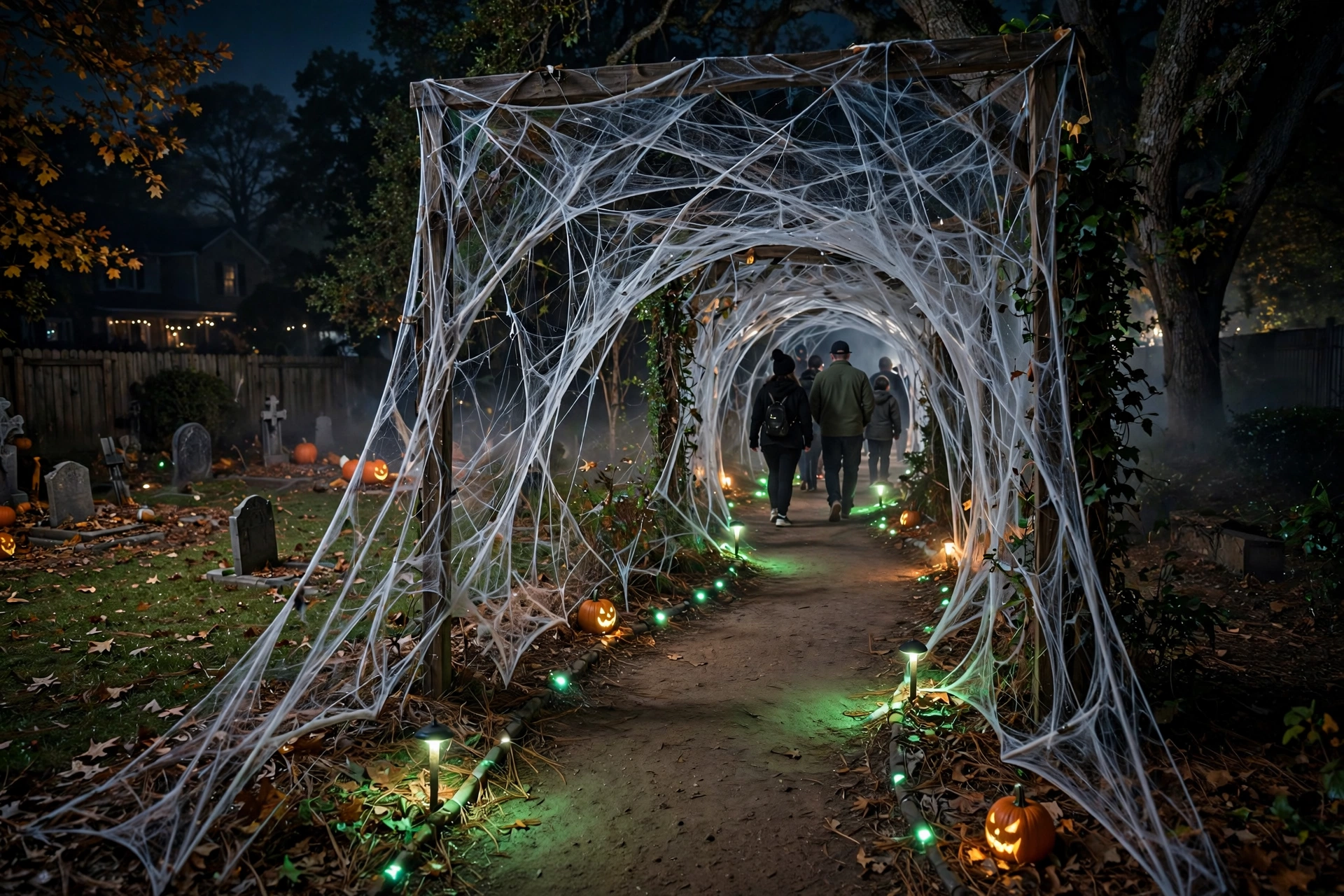 haunted pathway trail through a yard at night