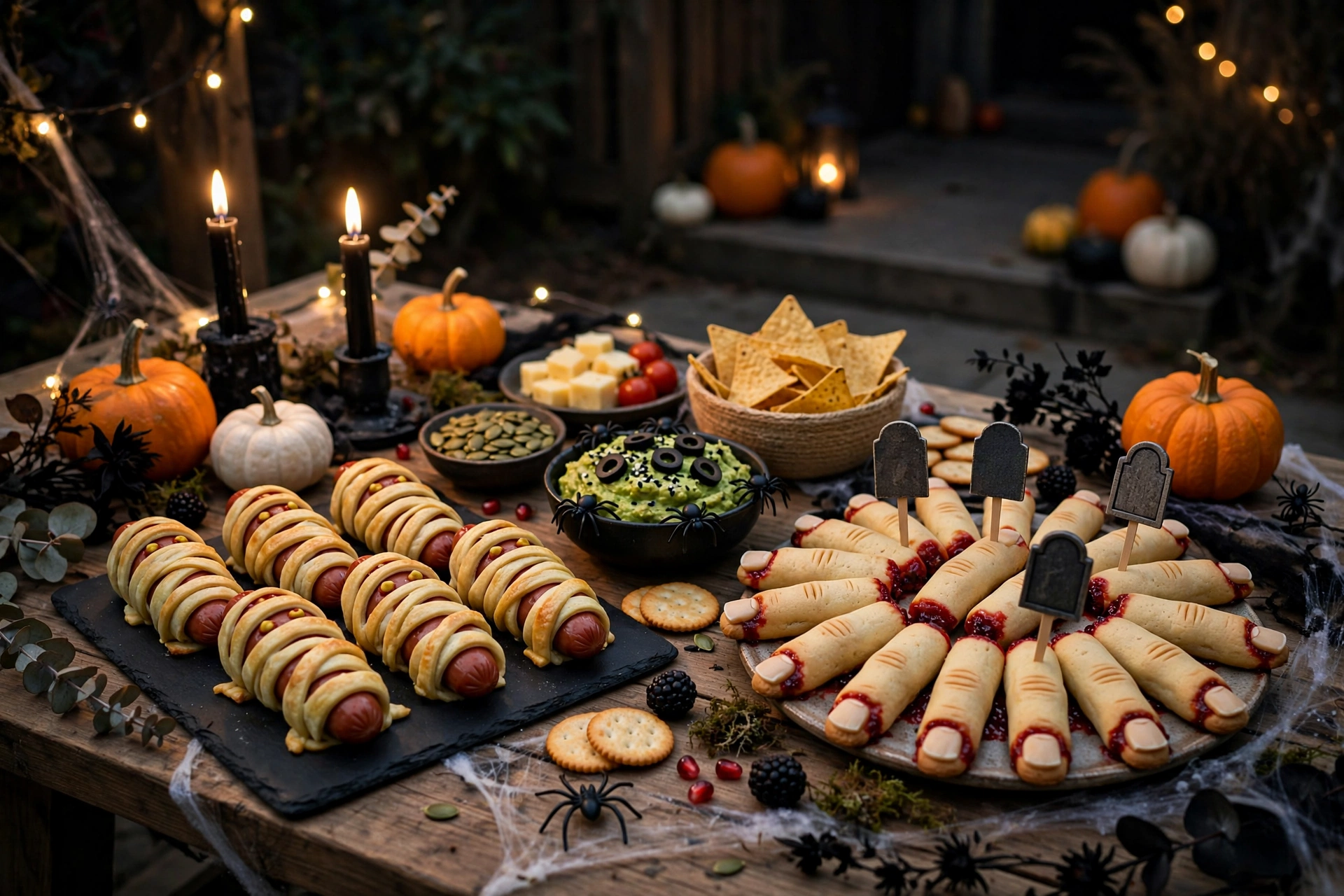 Halloween snack table with tombstone labels