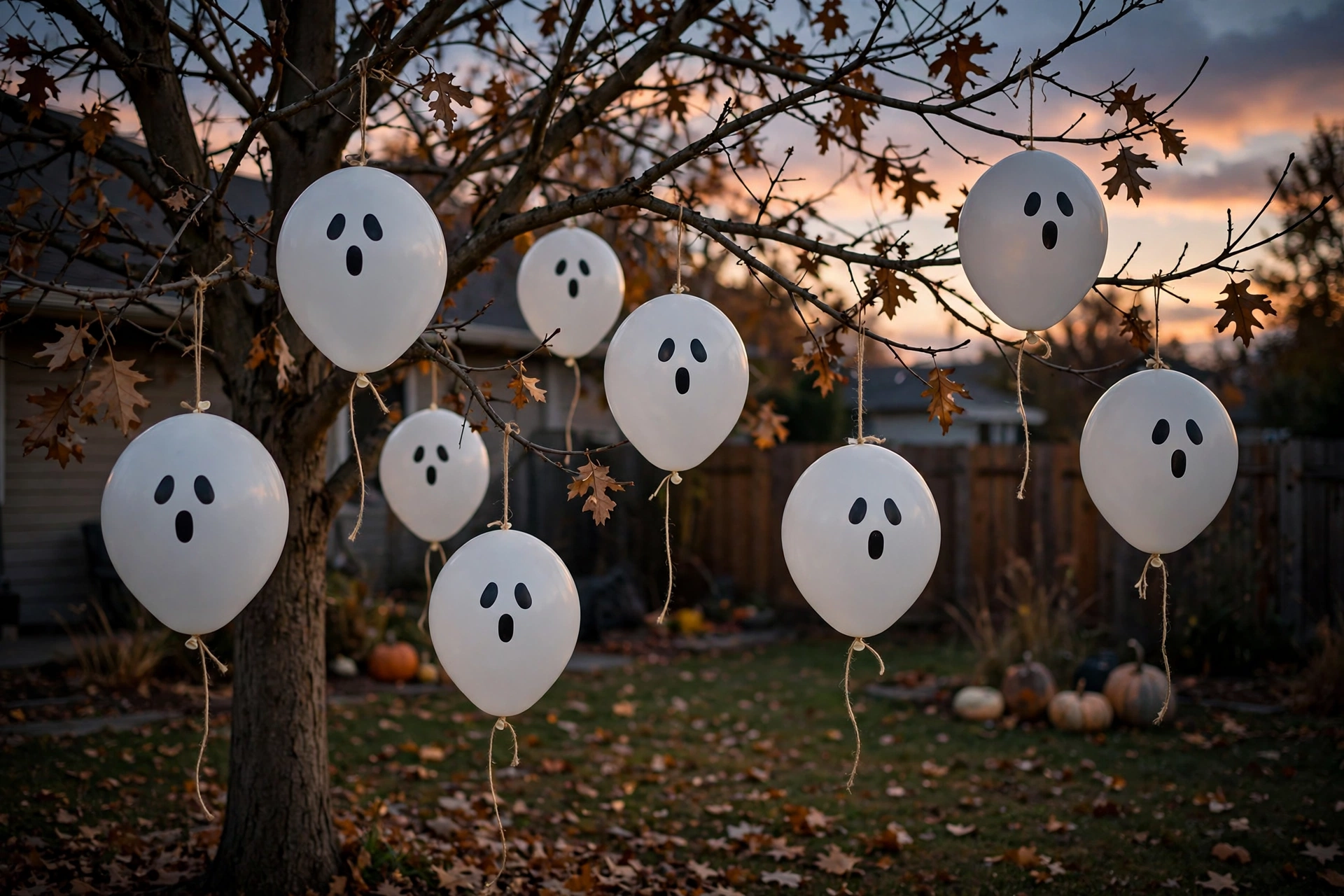 balloon ghosts tied to tree branches