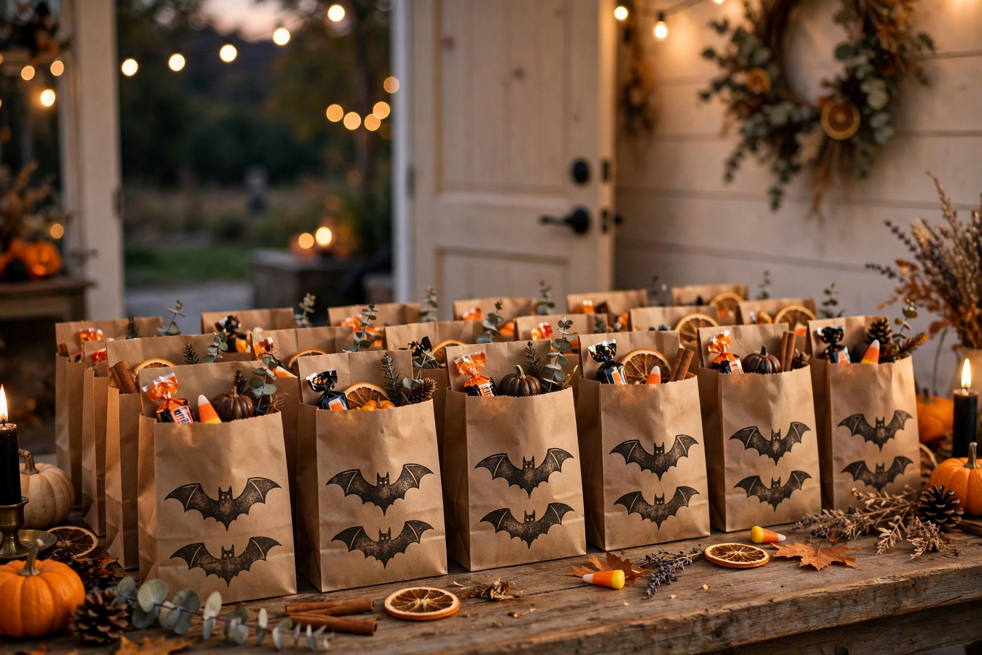 paper Halloween treat bags lined up