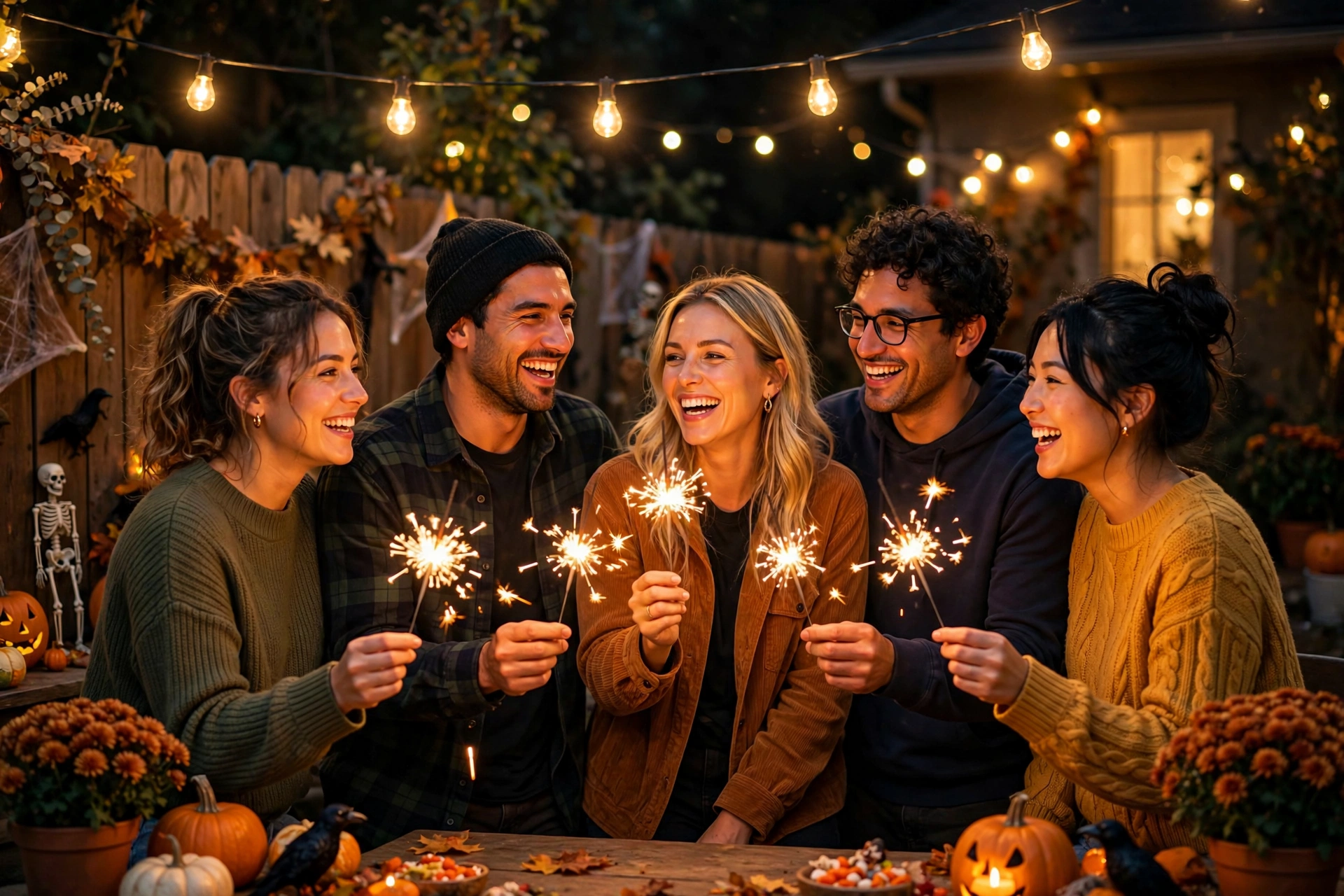 people holding sparklers under string lights at night