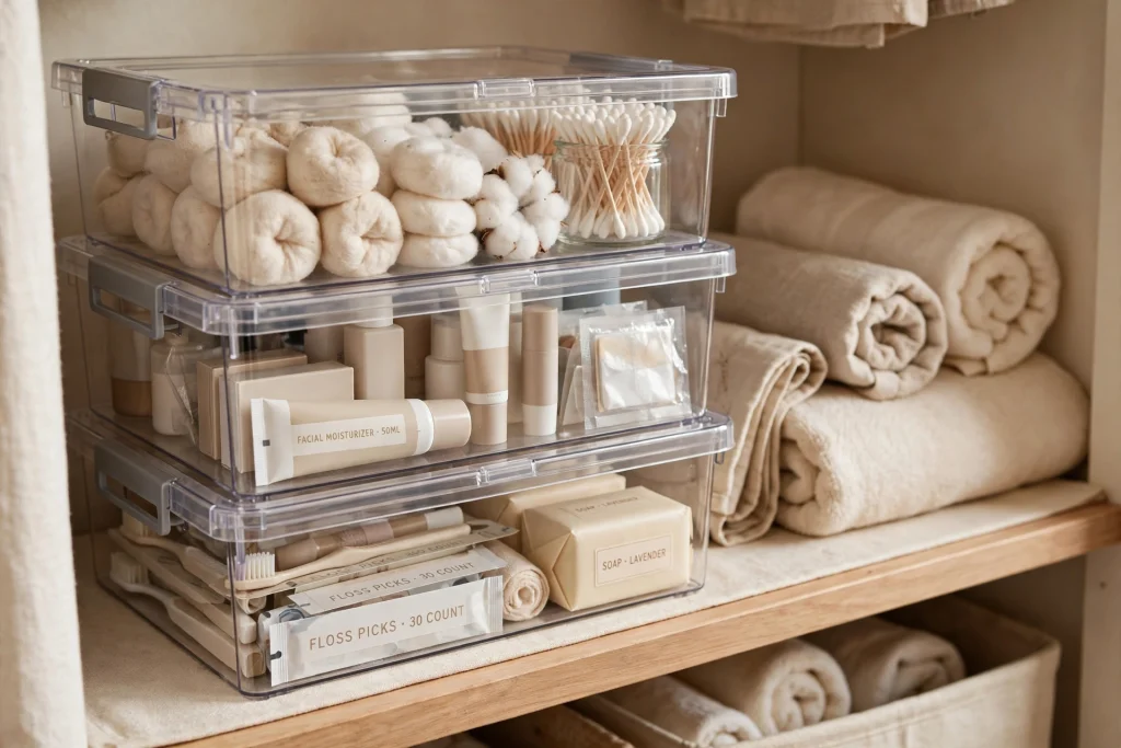 Stackable clear bins organizing a bathroom closet shelf