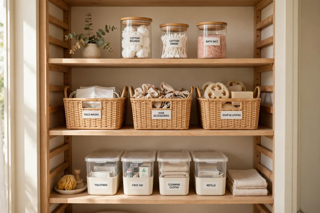 Labeled storage containers in a bathroom closet